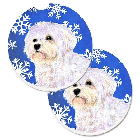 Carolines Treasures Maltese Winter Snowflakes Holiday Set of 2 Cup Holder Car Coaster SS4619CARC